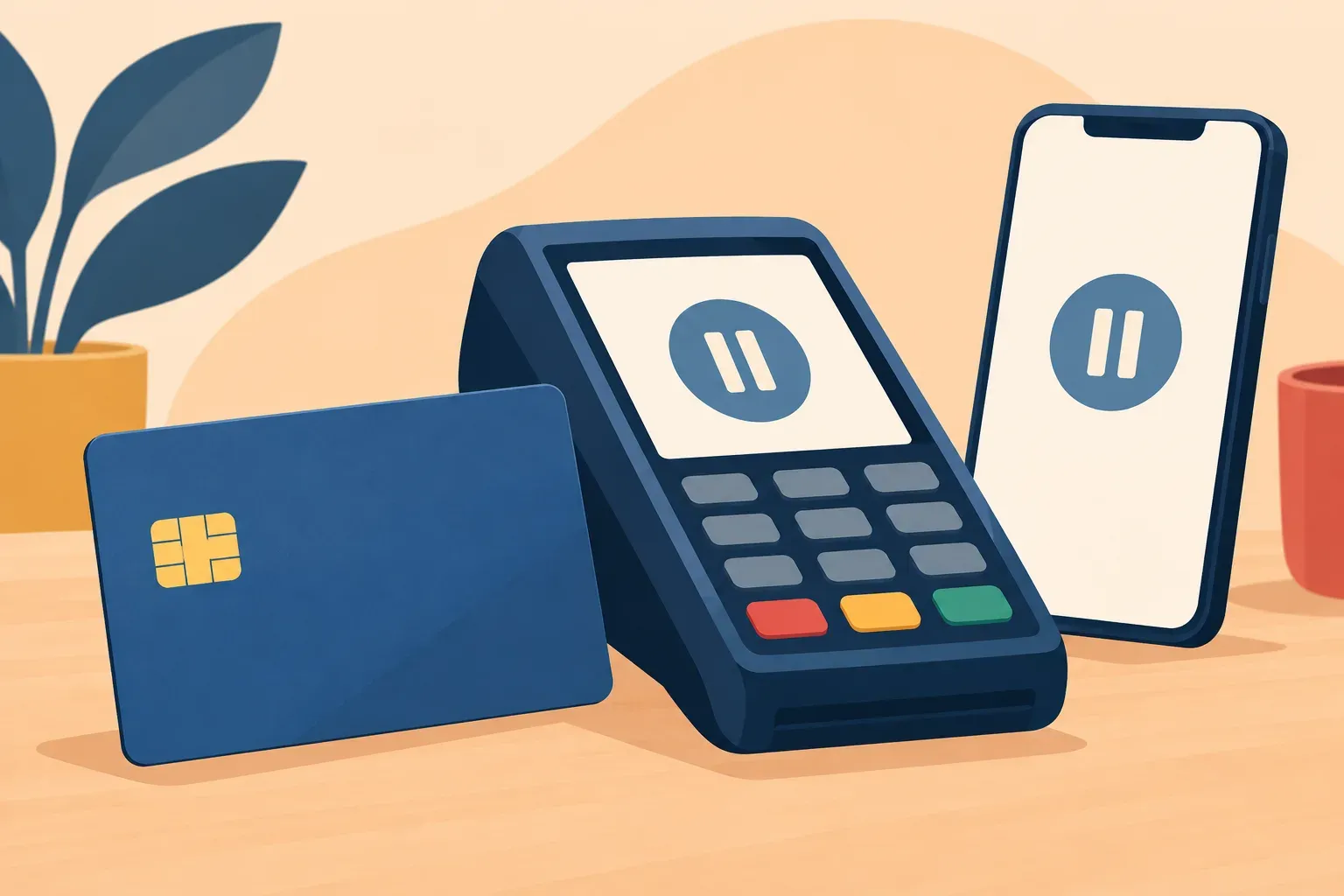 Illustrated card beside a paused payment terminal and a small phone