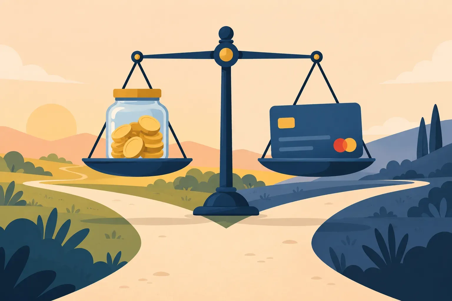 Illustrated savings jar and debt statement balanced on a simple scale