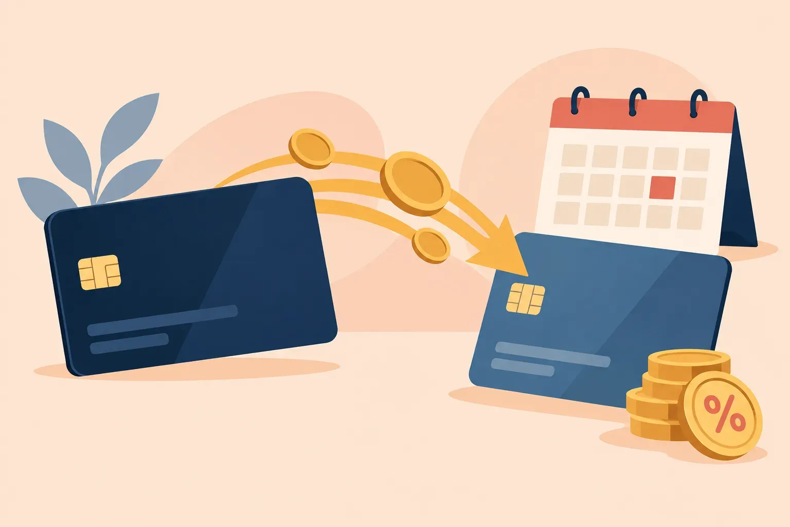 Illustrated balance moving between two plain credit cards beside a calendar