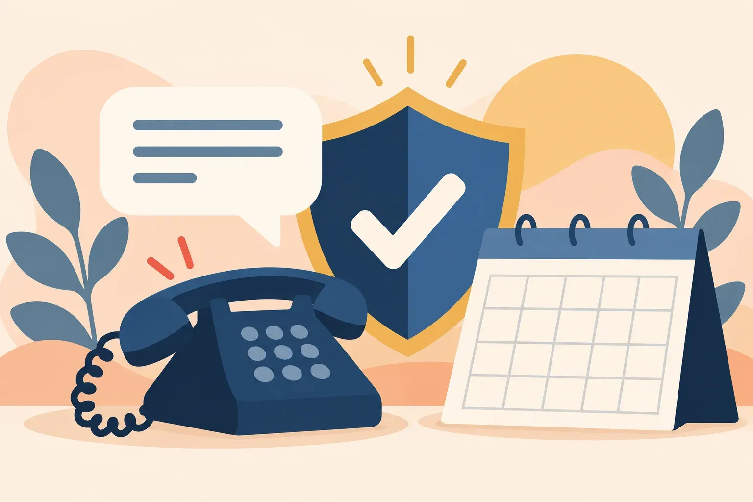 Illustrated phone and message bubbles beside a clock and boundary line