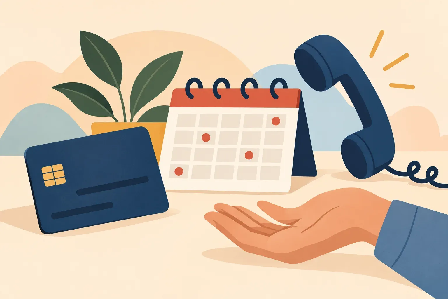 Illustrated credit card, phone, and payment calendar supported by an open hand
