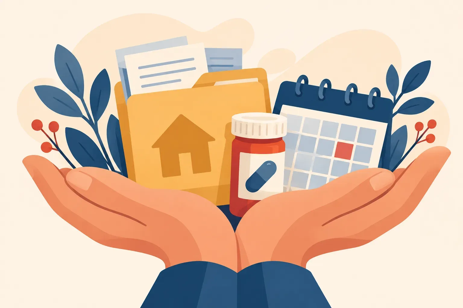 Illustrated caregiver calendar beside household expenses and a small folder