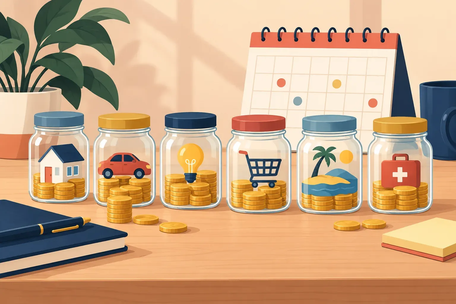 Illustrated labeled-by-icon savings jars for planned household expenses