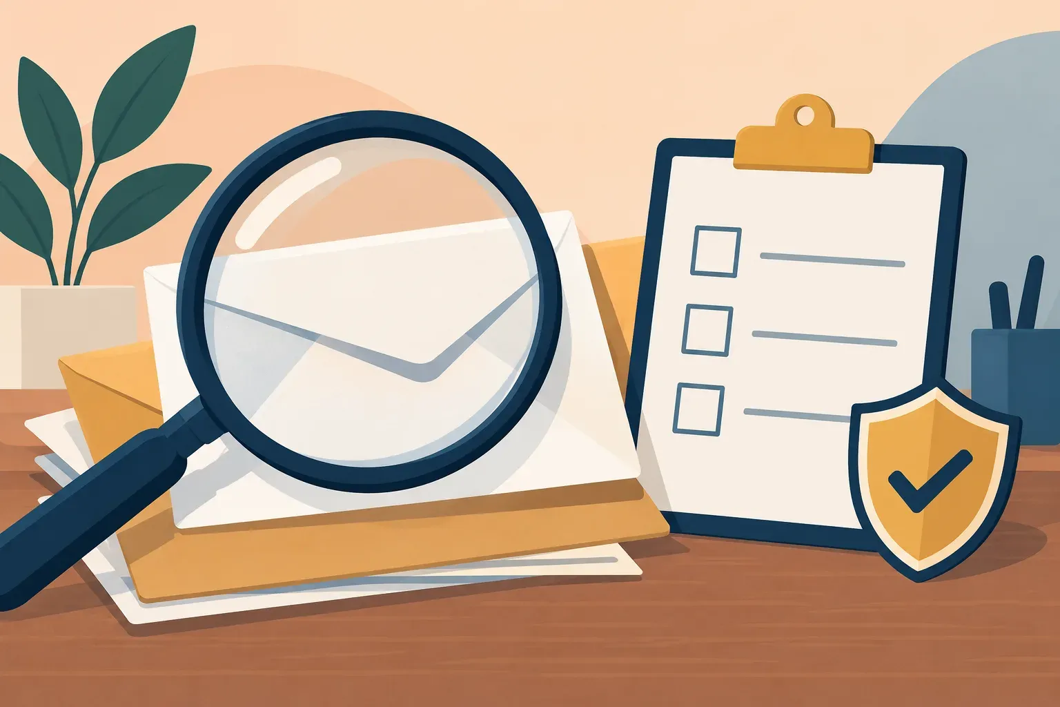 Illustrated debt notice examined with a magnifying glass beside a checklist