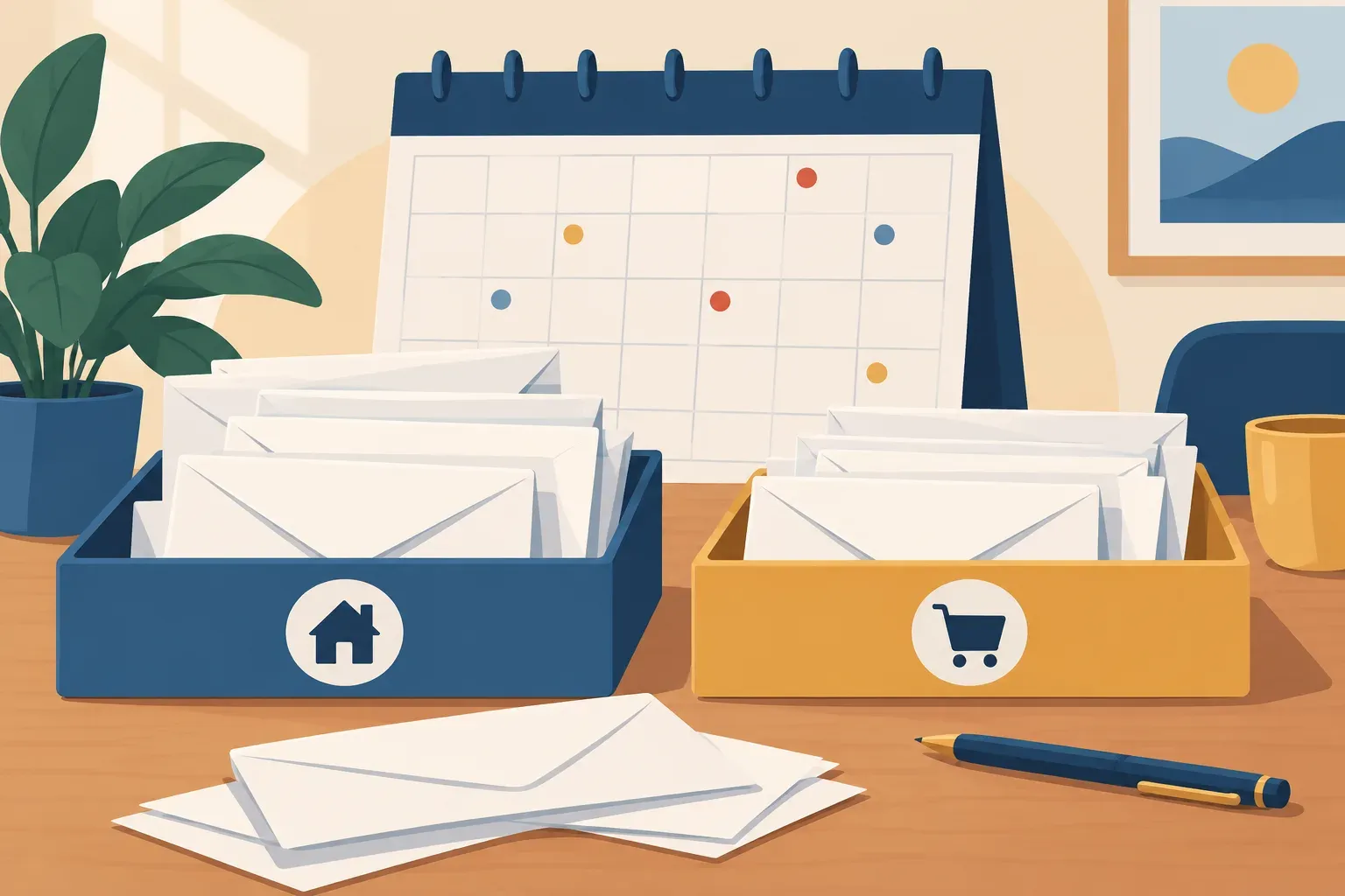 Illustrated bill envelopes arranged by urgency beside a small calendar