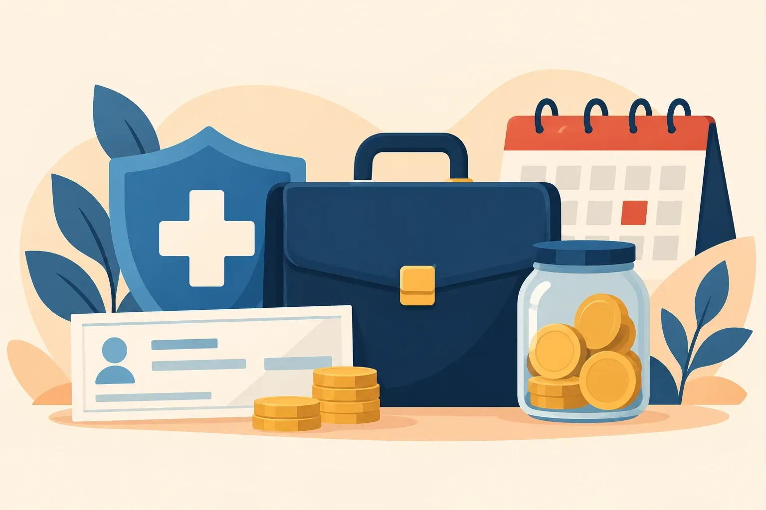 Illustrated two job offer folders beside health, retirement, and leave icons