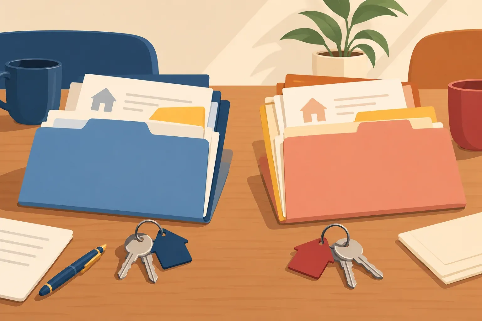 Illustrated financial checklist beside separated account folders and a calendar