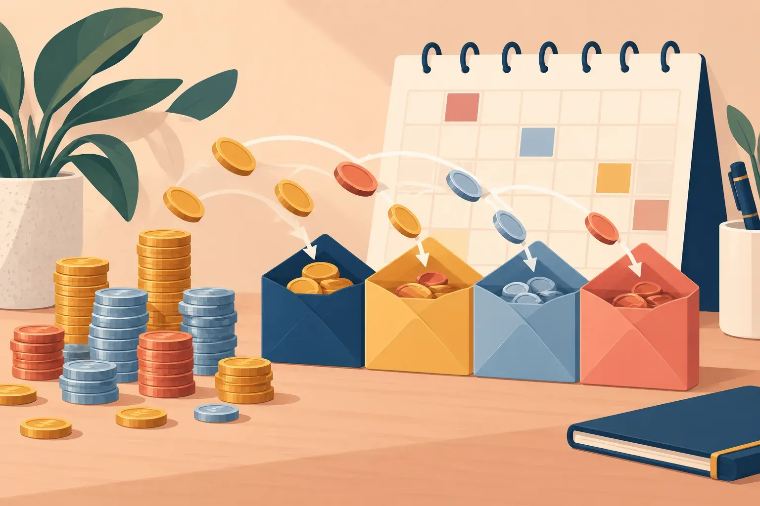 Illustrated uneven income stacks flowing into orderly budget envelopes