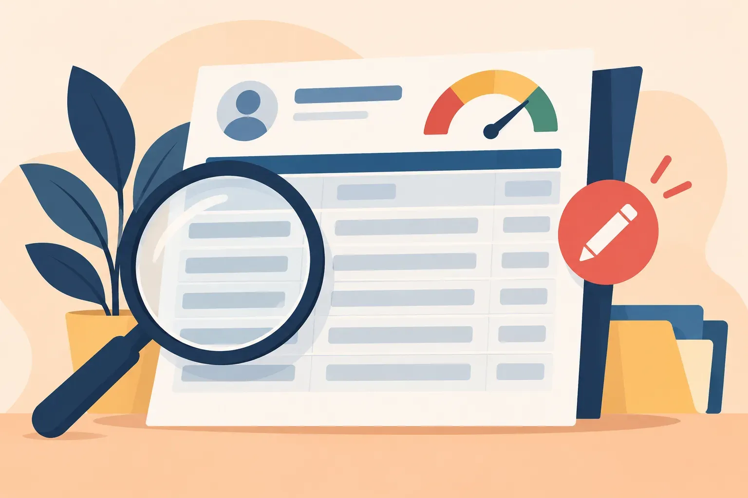 Illustrated credit report with a circled error and a magnifying glass