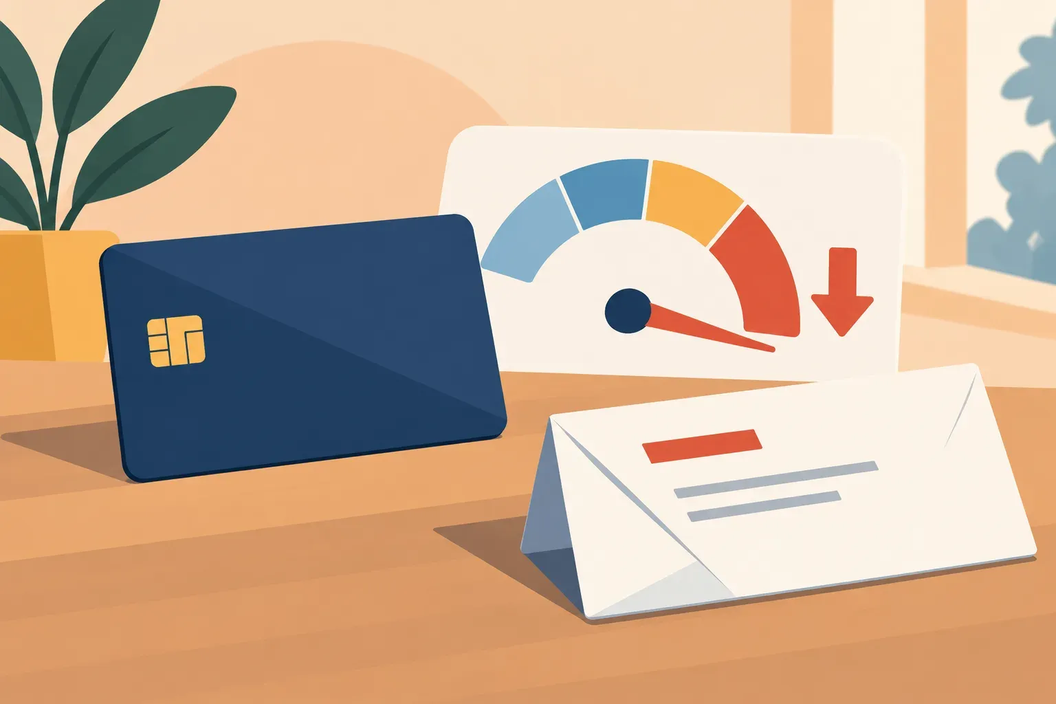 Illustrated credit meter with a lowered ceiling beside a card and statement