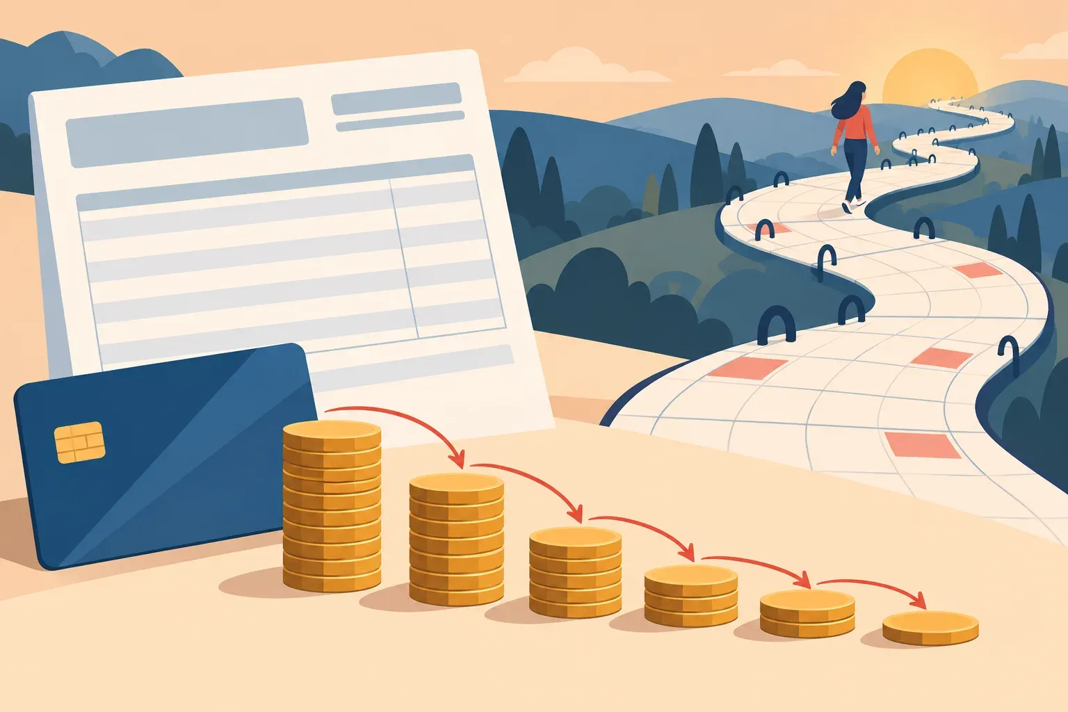 Illustrated small payment slip beside a growing stack of bills and a calendar