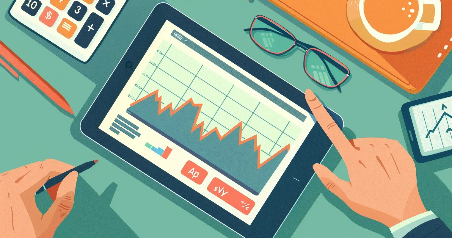 Illustration of hands reviewing a financial chart on a tablet next to a calculator